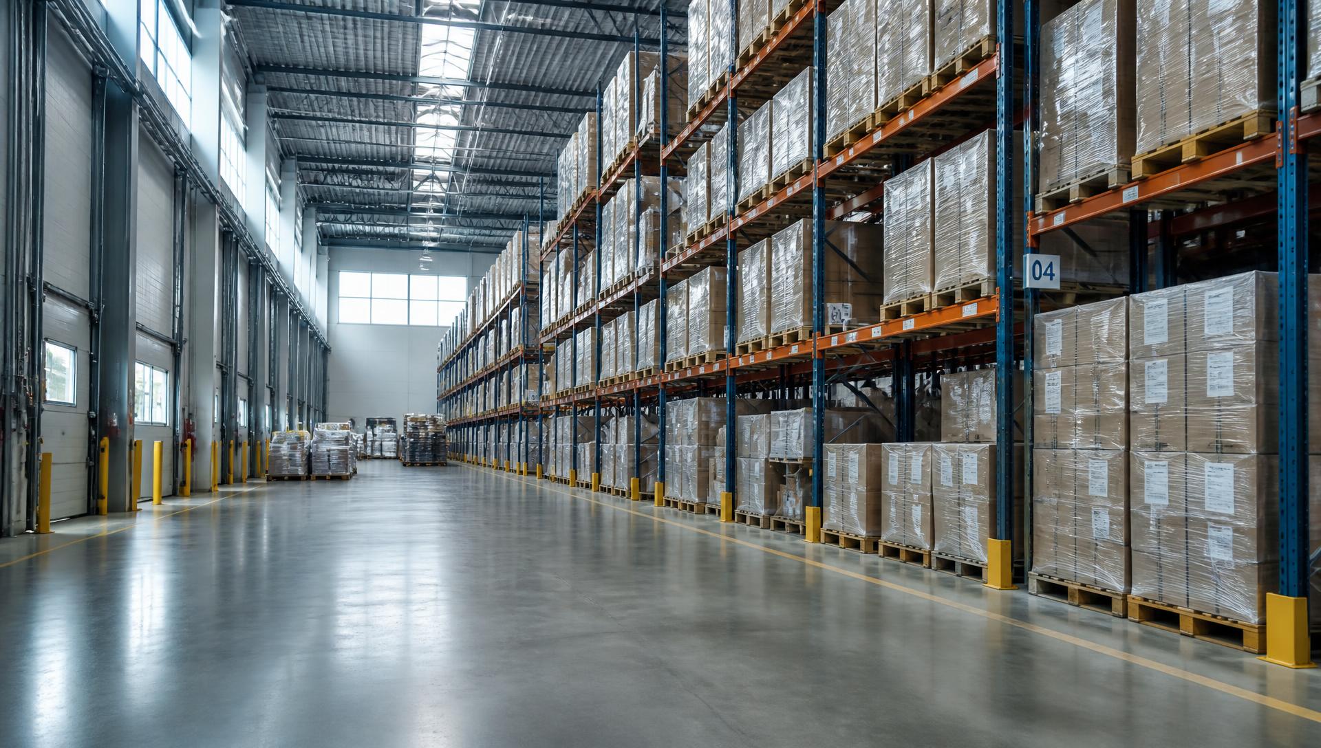 Interior aisle of a wholesale distribution warehouse with stocked pallet racking