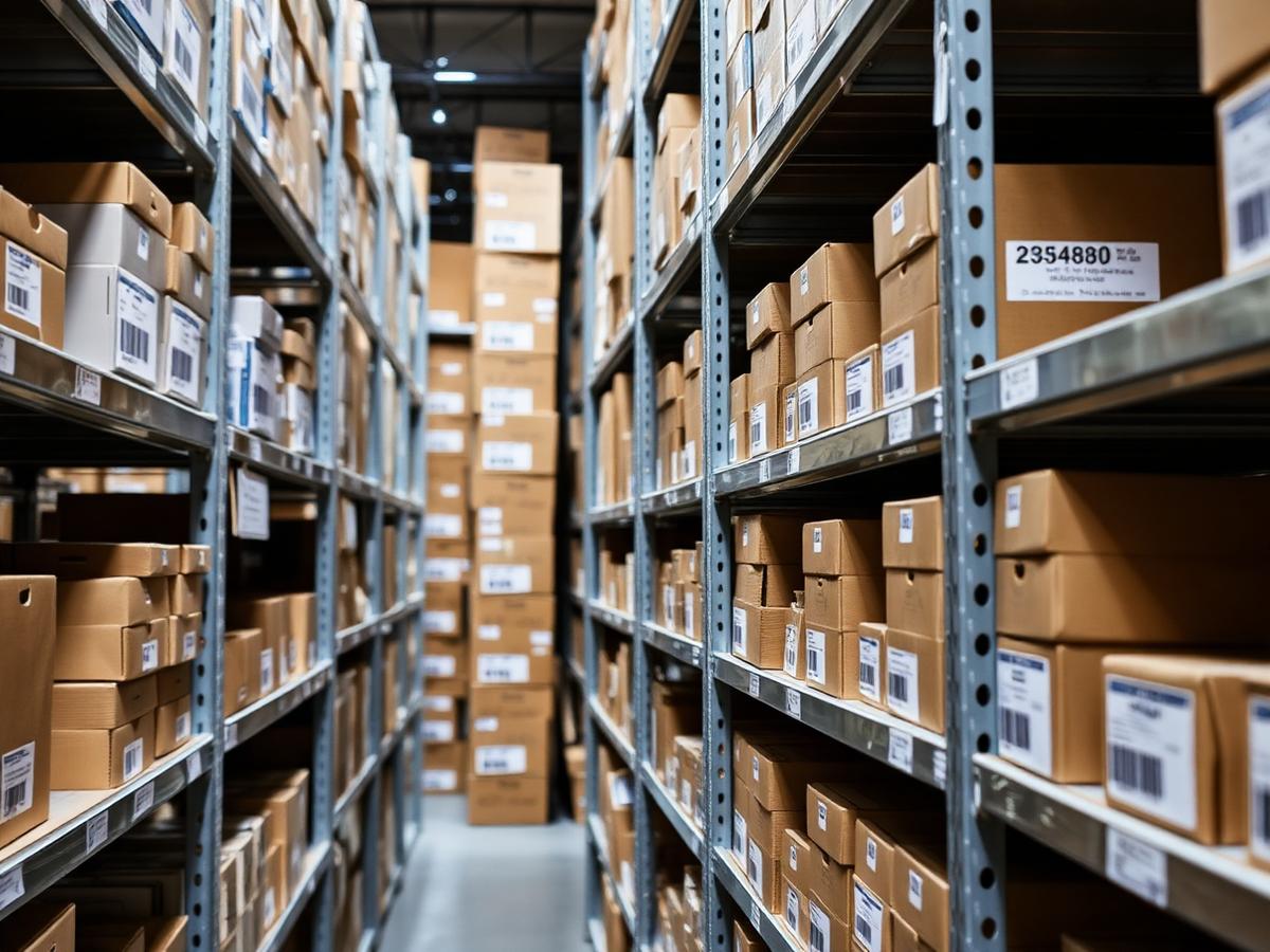 Labeled inventory boxes organized on warehouse shelving