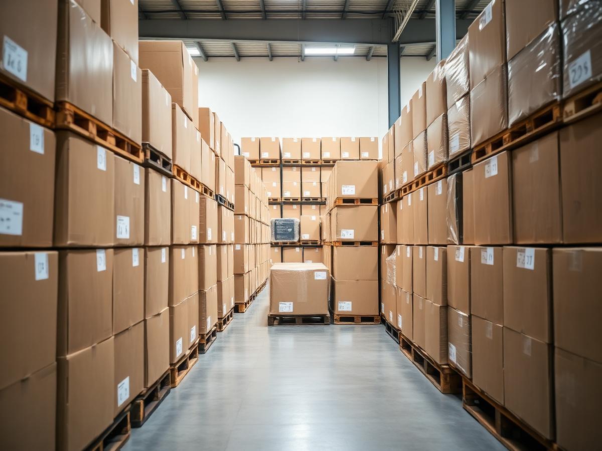 Palletized cartons staged in a warehouse aisle